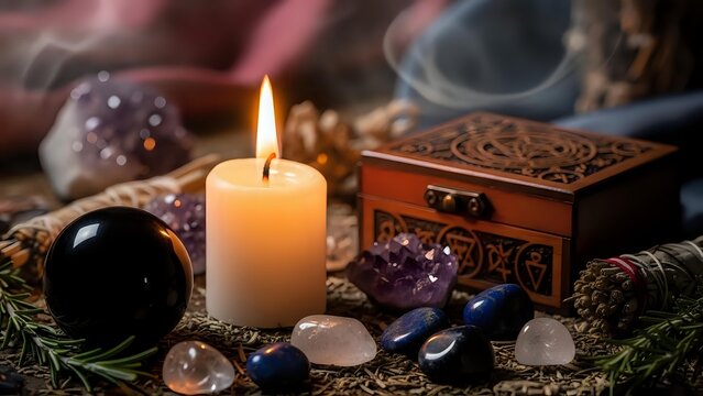 Mystical fortune telling setup with burning candle, crystal ball, amethyst gems, wooden jewelry box and tarot cards creating magical divination atmosphere.