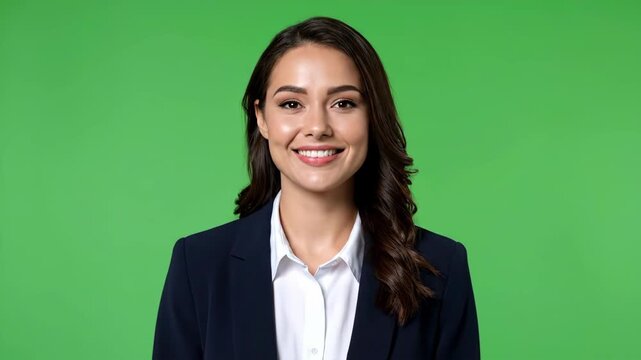 Businesswoman in a suit smiles, looking down, set against a green backdrop. Her dark hair and professional attire create a polished image