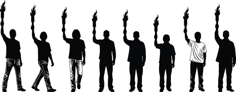 People silhouettes holding flaming torches raised high symbolizing protest unity freedom demonstration isolated on white background vector illustration flat design graphic