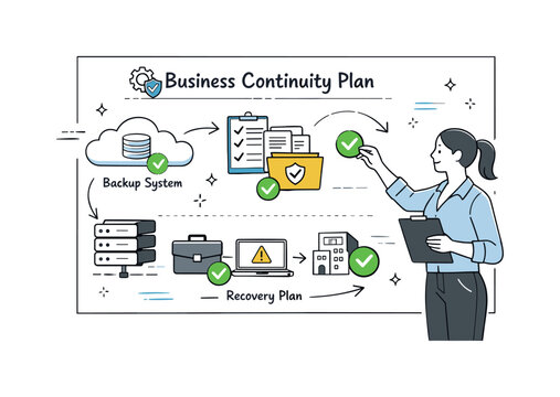 Organized Continuity Planning. Business continuity planning. Specialist organizing backup systems and documents on a clear board, ensuring operations can