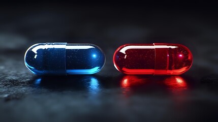 Blue and red transparent capsule pills glowing on dark surface representing medical treatment and pharmaceutical healthcare concept.