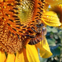 Bees on Sunflower: A bee is delicately perched on the vibrant sunflower, with detailed macro shots capture the intricate beauty of nature's symbiotic dance.