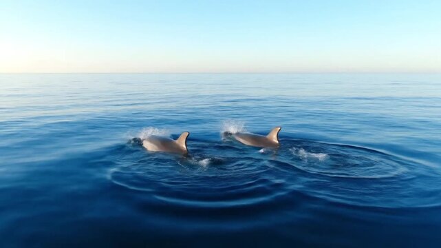Dolphins swimming together in the ocean, breaching the surface with playful splashes, serene sea environment, aerial viewpoint in a video clip similar to clips4-18.mp4