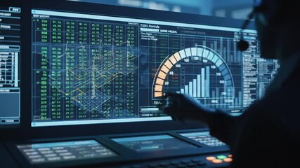 SCADA Terminal Tracking Wind Turbines and Solar Energy on Screen with Blue Background and Graphic Interface Monitoring - Powered by Adobe