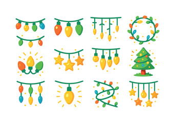 Fototapeta premium Festive Christmas Lights Icons. Christmas lights. Colorful flat vector icons set of Christmas lights: string lights, glowing bulbs, icicle lights, light
