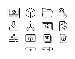 3D Workflow Icons. 3D presentation workflow. Line icon set of 3D presentation workflow: storyboard frame, scene setup cube, asset folder, import symbol,