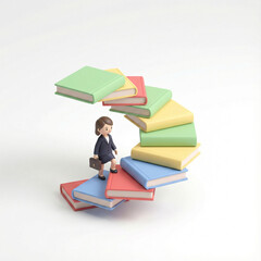 本の階段を登るビジネスウーマンの3Dイラスト