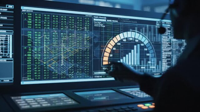 SCADA Terminal Tracking Wind Turbines and Solar Energy on Screen with Blue Background and Graphic Interface Monitoring