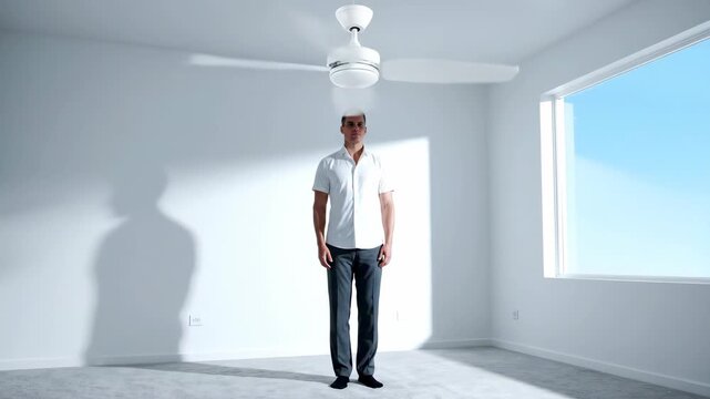 A man stands in a minimalist room with a ceiling fan and sunlight. The shadow gives a sense of space