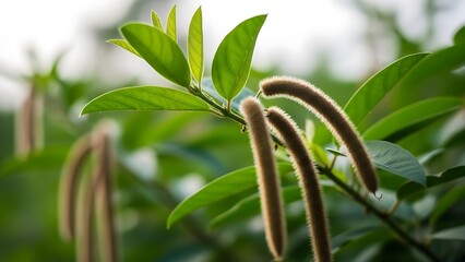 Obraz premium Closeup of a fuzzy plant branch with soft green leaves and dangling, elongated fuzzy seed pods with a soft bokeh background