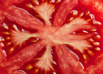 Vibrant Macro Shot of Fresh Tomato Slice Interior, Showing Seeds and Juice.