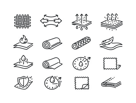 Performance Fabric Icons. Performance Fabric. Line icon set of Performance Fabric: fabric weave pattern, elastic stretch, moisture arrows, breathable pores,