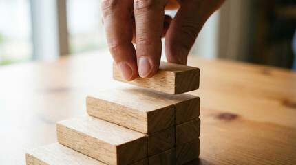 積み木を慎重に重ねる指先のクローズアップ