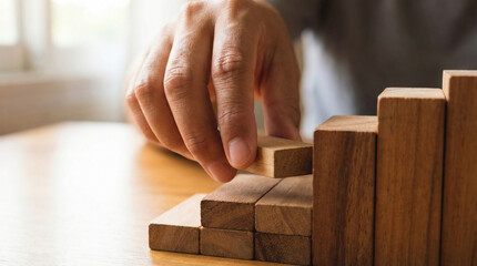 積み木を慎重に重ねる指先のクローズアップ