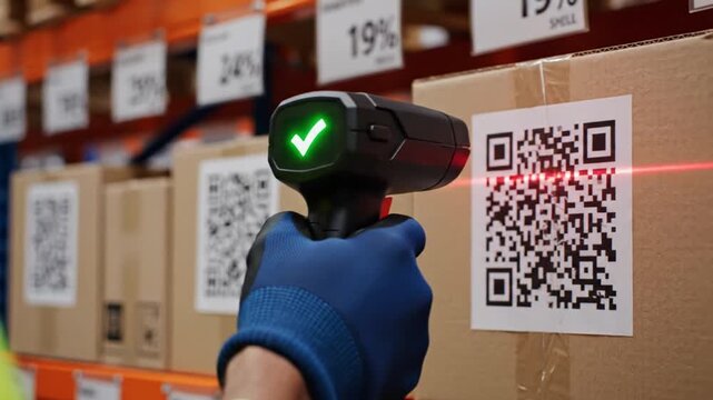 Scanning QR Code on Cardboard Box with Green Check Mark Using a Barcode Reader at a Warehouse Shelf