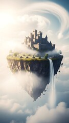 Floating Fantasy Island with Castle and Waterfall in the Clouds
