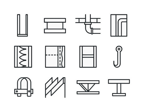 Pipe Routing Icons. In-wall pipe routing diagram. Line icon set of structural context: wall stud outline, floor slab, dropped ceiling profile, pipe chase, wall