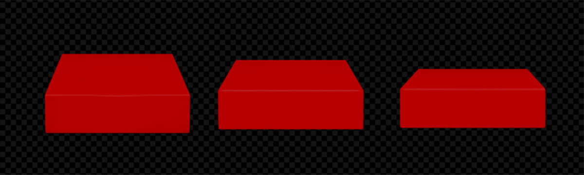 Red square podium with vibrant 3d cube platform for valentine product display. Premium pedestal stand on transparent background with bright block base. Vector isolated mockup for holiday showcase