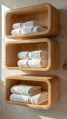 Wooden Shelves Mounted on Tiles with Neatly Folded Towels