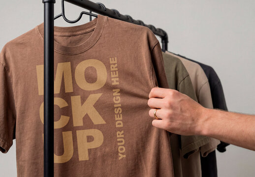 Neutral Brown T-Shirt Mockup on Clothing Rack with Hand Touching Fabric
