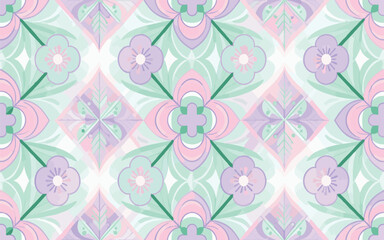 Fototapeta premium Floral seamless pattern with geometric retro style flowers in pastel spring colors.Print