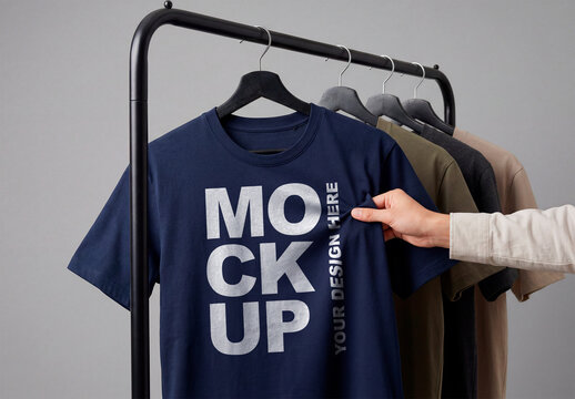 Navy Blue T-Shirt Mockup on Clothing Rack with Hand Touching Fabric