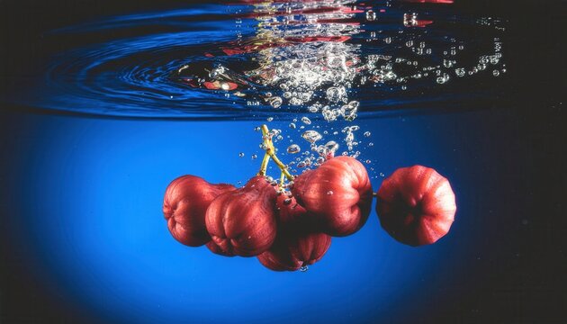 Rose apples falling into water creating splash and bubbles with dramatic lighting; dark background. A refreshing, clean, and healthy action shot.