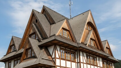 Traditional wooden alpine building with steep gabled roofs and light cream facade under blue sky