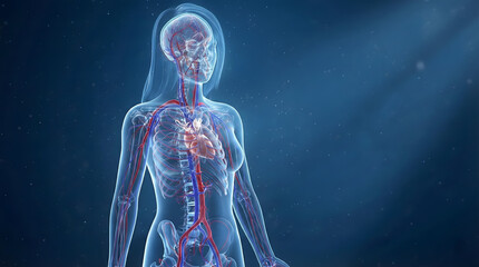 3D rendering of a translucent female body showing the circulatory system and heart.