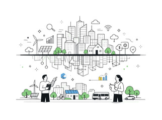 Obraz premium Digital Urban Reflection. Urban digital twin concept. City elements mirrored by an abstract digital city model above. Sense of planning, sustainability, and