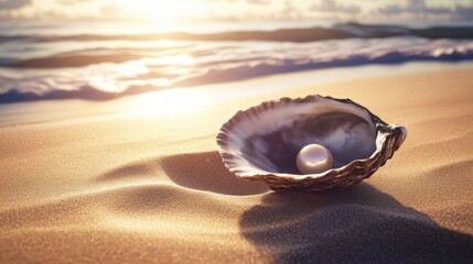 Pearl in Oyster Shell on Sandy Beach at Sunrise