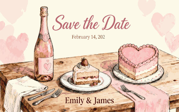 Save the Date Wedding Invitation Banner with Hand Drawn Watercolor Food and Champagne on Wooden TablePrint - Powered by Adobe
