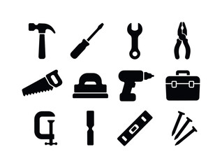 Obraz premium DIY Workshop Icons. DIY workshop. Solid icon set of DIY workshop: hammer, screwdriver, wrench, pliers, hand saw, sanding block, drill silhouette, toolbox,