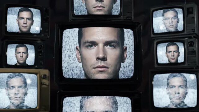 A man's face appears on multiple vintage television screens. The screens are arranged in a cluster, creating a surreal and intriguing visual effect