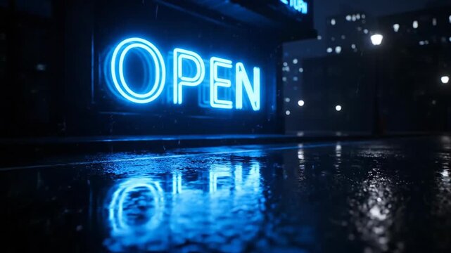 Illuminated neon sign declaring "OPEN" reflects in the wet pavement of a dark city street, during a rain