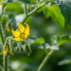 Obraz premium Bright yellow tomato flower blooming on green plant stem with fuzzy buds and lush foliage background for gardening and agriculture content.