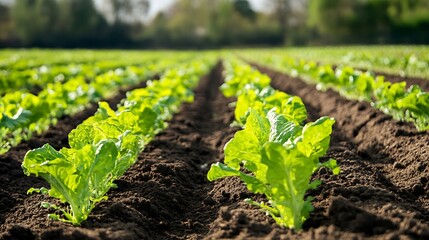 Lush green lettuce plants growing in neatly arranged rows in fertile soil