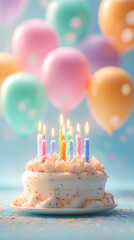Birthday cake with colorful candles, on colorful balloon on background