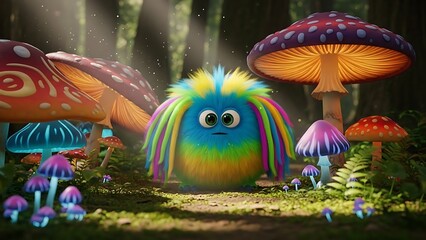 A vibrant, rainbow creature stands amidst colorful fungi in a lush, sunlit forest, viewed from a slightly elevated perspective.