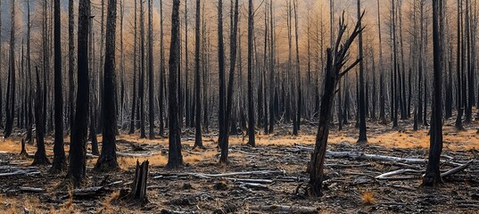 Desolate forest landscape devastated by wildfires and charred remains of trees standing