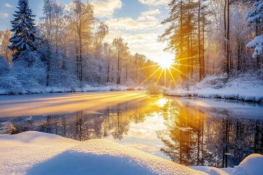 Sonnenstrahlen, Sonne scheint am Morgen durch einen Wald im Winter und spiegelt sich im Wasser eines Kleinen Sees, romantische Atmosph&auml;re, Generative AI