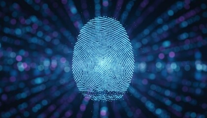 Digital biometric fingerprint appearing as a glowing blue scan on a dark background, representing security, identity, data, and access in a futuristic technological concept