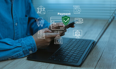 Secure online payment concept with credit card protection icons on smartphone and laptop Digital banking, e-commerce transaction fintech security, cashless payment and financial technology solution