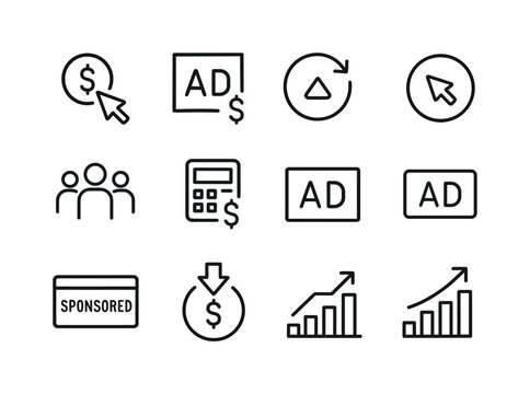 Paid Advertising Icons. Paid advertising. Line icon set of paid advertising: PPC click arrow, dollar sign ad, impression counter, retargeting icon, audience