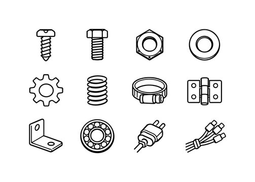 Assembly Component Icons. Assembly components. Line icon set of Assembly components: screw, bolt, nut, washer, gear, spring, clamp, hinge, bracket, bearing,