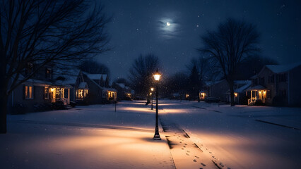 A quiet neighborhood street covered in fresh snow at night with warm lights from houses and street lamps