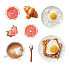 Breakfast Foods with Eggs and Coffee on Transparent Background