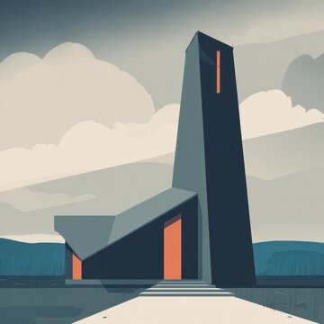 Modern architectural illustration of a sleek building with a tall tower against a cloudy sky