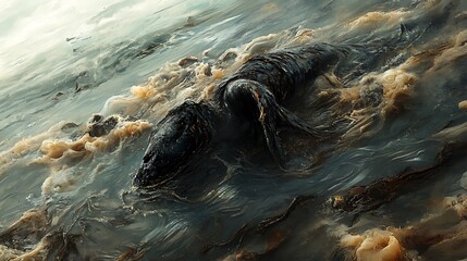 Oil spill in ocean with whale struggling in dark contaminated water