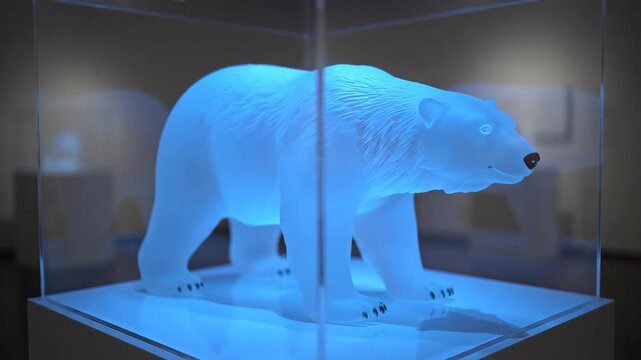 A glowing, stylized sculpture of a polar bear is enclosed in a glass display case, bathed in cool blue light, creating an ethereal and artistic representation